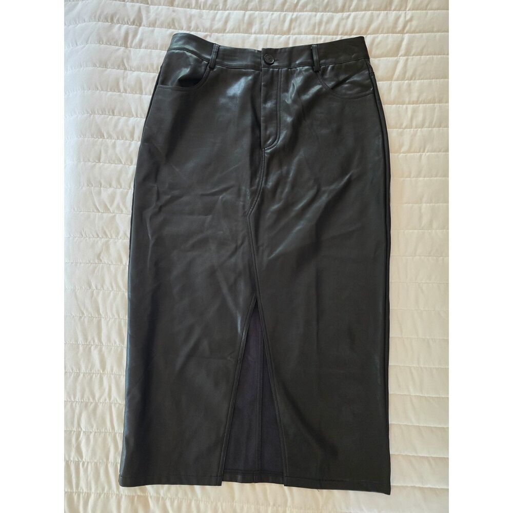 Roly Poly Womens Large Black Faux Leather Pencil Skirt Front Slit Midi Length
